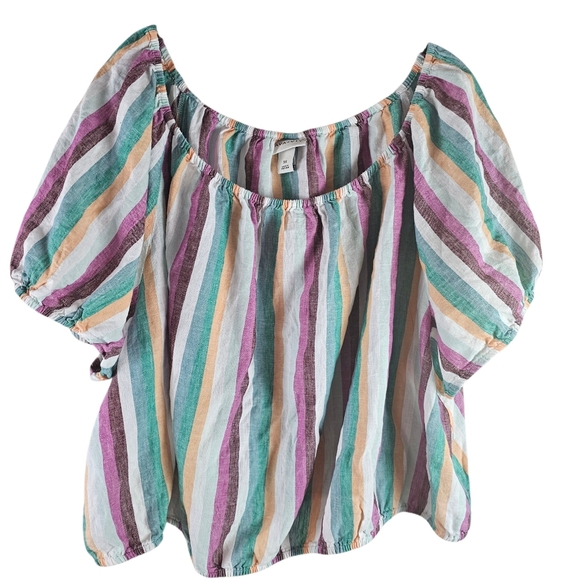 Ava & Viv Tops - AVA & VIV Linen Blend Striped Cropped Peasant Blouse In 3X